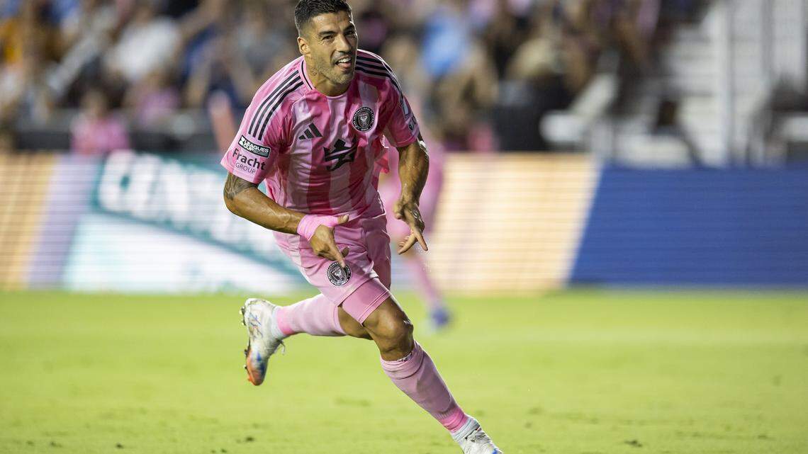 Inter Miami CF forward Luis Suarez (9) celebrates after scoring a penalty against Tigres UANL in the first half of their Leagues Cup quarter-final soccer match at Chase Stadium on Wednesday, Aug. 20, 2025, in Fort Lauderdale, Fla.