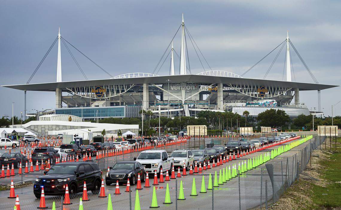 A view of the COVID-19 drive-through testing center set up at a parking lot at the Hard Rock Stadium in Miami Gardens on Wednesday, April 1, 2020.