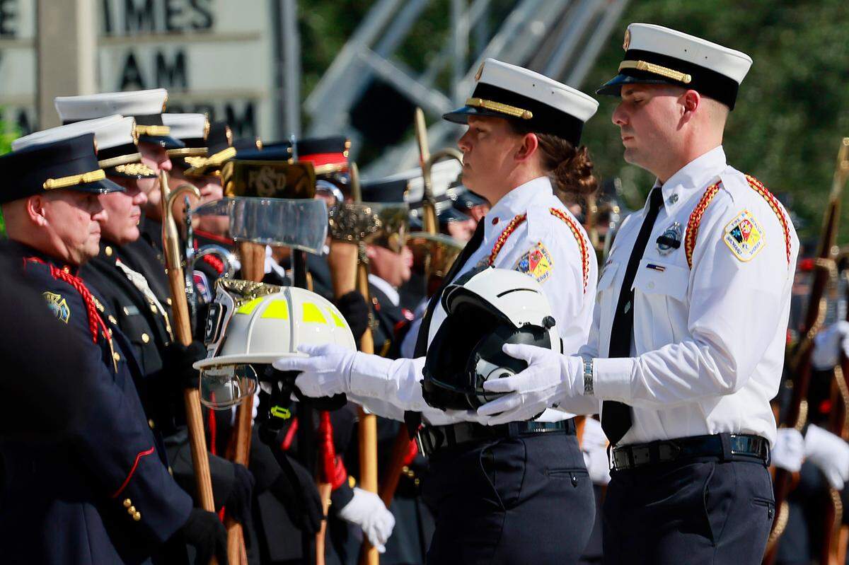 The funeral procession for Broward Sheriff Fire Rescue Battalion Chief Terryson Jackson arrives at the Faith Center in Sunrise on Friday, September 8, 2023. Jackson died in a helicopter crash on Monday, Aug. 28, when he and two BSFR colleagues were responding to an emergency call. (Mike Stocker/South Florida Sun Sentinel)
