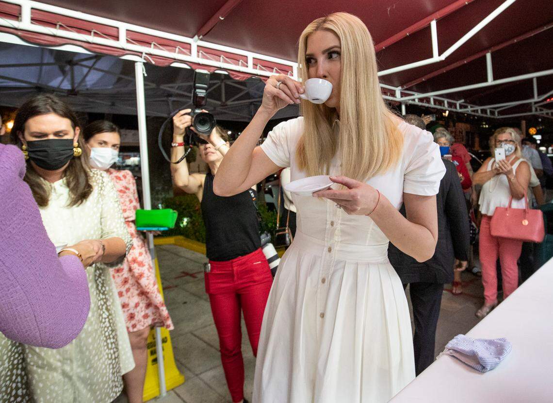 Ivanka Trump drinks Cuban coffee at Versailles Restaurant on Calle Ocho in Miami on Tuesday, October 27, 2020.