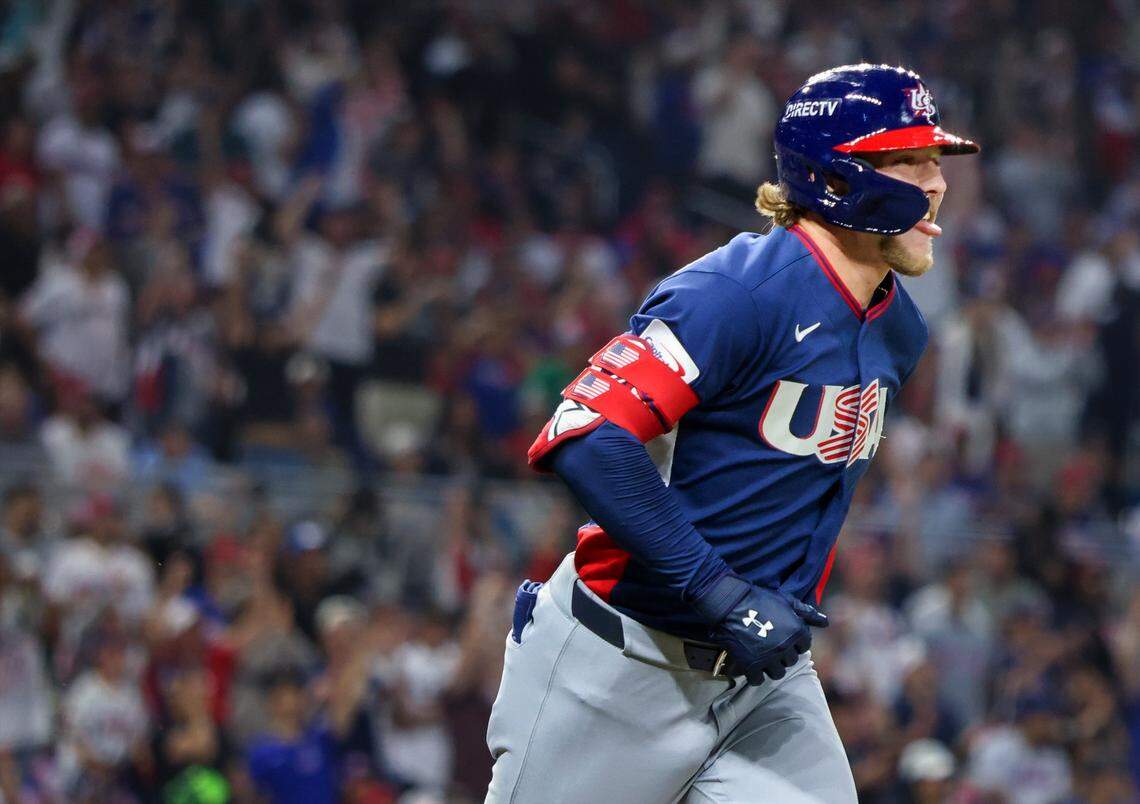 United States shortstop Gunnar Henderson (11), sticks out his tongue after hitting a homer in the 4th inning during [the inning] at semi-finals of the World Baseball Classic United States vs. Dominican Republic at the loanDepot Park on Sunday, March 15, 2026, in Miami, Florida.