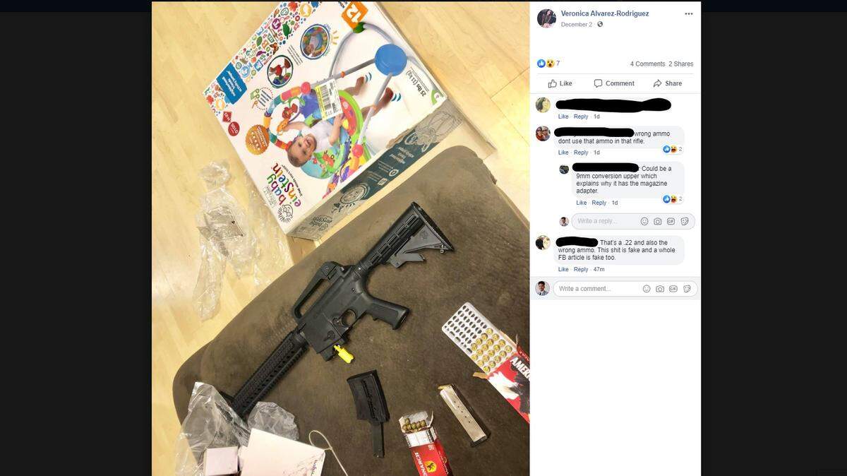 Veronica Alvarez-Rodriguez thought she had bought a $10 unopened baby bouncer from Goodwill for a baby shower she was going to. When the box was opened in front of all the guests at the shower, an assault rifle was inside, not a baby toy.