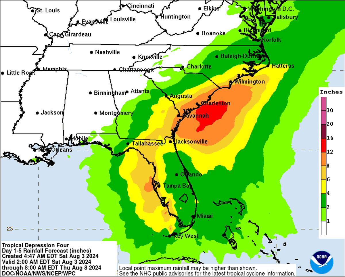 Potential rainfall totals for Florida over the next five days.