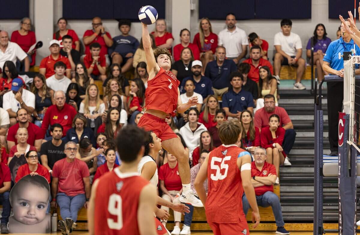 Columbus Explorers Kevin Perez (1) goes to spike the ball against the Southwest Eagles during their high school volleyball regional final at Christopher Columbus High School on Friday, May 8, 2026, in Miami, Fla.