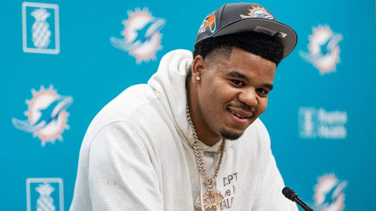 Miami Dolphins linebacker Chop Robinson speaks during a press conference at the Baptist Health Training Complex on Friday, April 26, 2024 in Miami Gardens, Fla. Robinson was the Dolphins’ first-round 21st pick during Thursday’s NFL Draft.