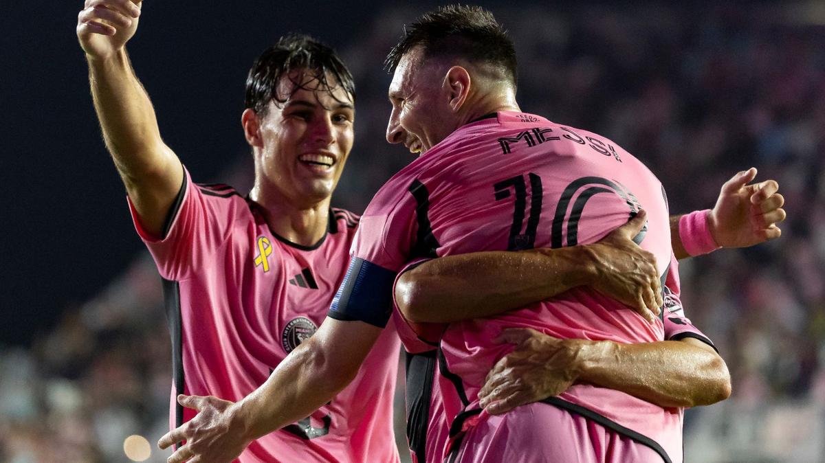 Inter Miami forward Lionel Messi (10) celebrates with defender Jordi Alba (18) and midfielder Federico Redondo (55) after scoring a goal against the Philadelphia Union in the first half of their MLS match at Chase Stadium on Saturday, Sept. 14, 2024, in Fort Lauderdale, Fla.