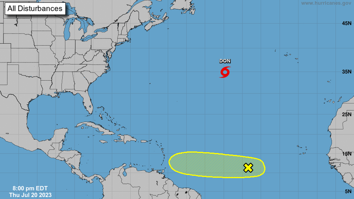 National Hurricane Center’s 8 p.m. Thursday, July 20, 2023, tropics map shows positions of Tropical Storm Don and a disturbance rolling off Africa’s coast in the far Atlantic.