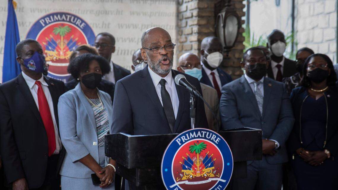 Haiti’s Prime Minister Ariel Henry speaks during an address to the nation in Port-au-Prince, Haiti, Monday, Feb. 7, 2022.