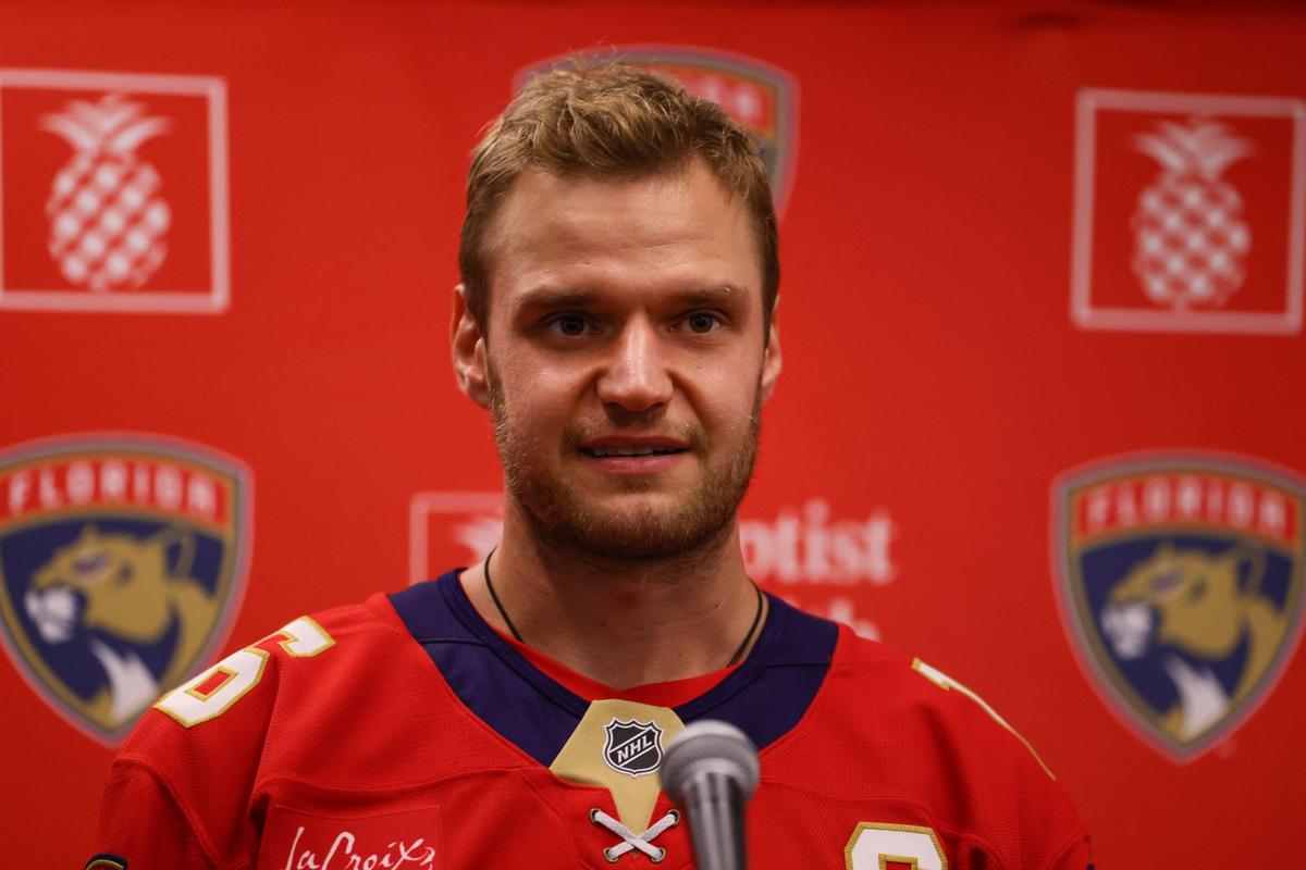 Florida Panthers center Aleksander Barkov (16) talks to reporters during media day at Baptist Health IcePlex in Fort Lauderdale, Florida, on Wednesday, September 18, 2024.