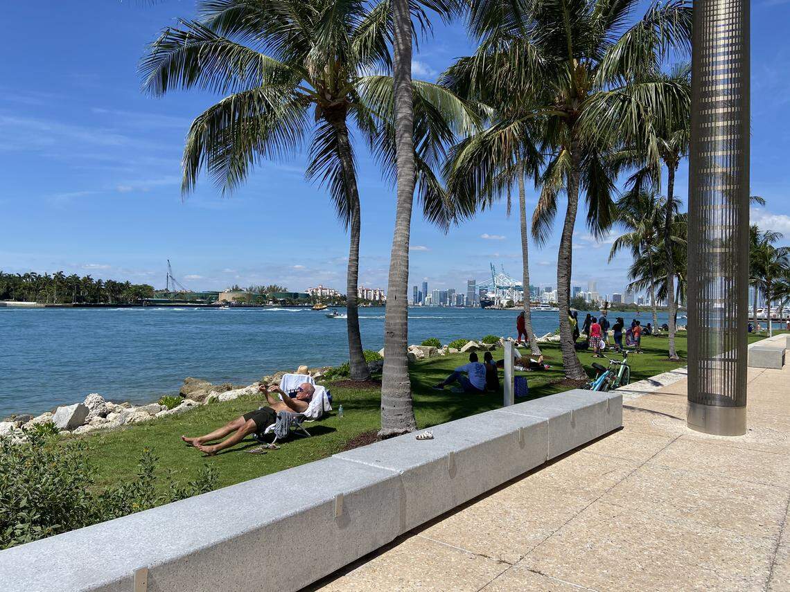 A man sunbathes without a mask on at South Pointe Park on Saturday, May 2, 2020. The City of Miami Beach closed the park on Monday after reporting chronic noncompliance with a county face mask order.