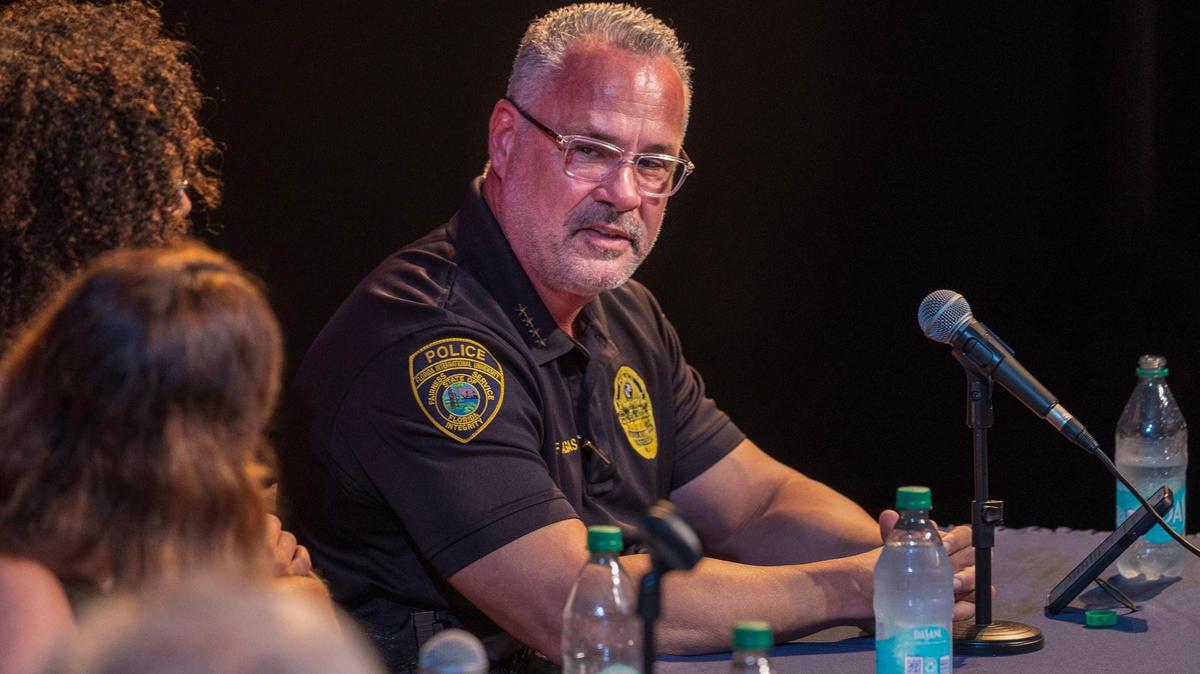 FIU’s chief of police, Alexander Casas (far right) answered questions during a panel that included immigration experts, FIU faculty and student leaders to address community concerns over the FIU Police collaborating with ICE.