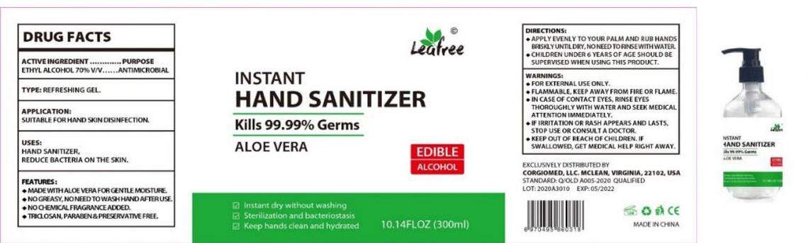 The label and container for one of the sizes of Leafree Instant Hand Sanitizer-Aloe Vera that’s been recalled.