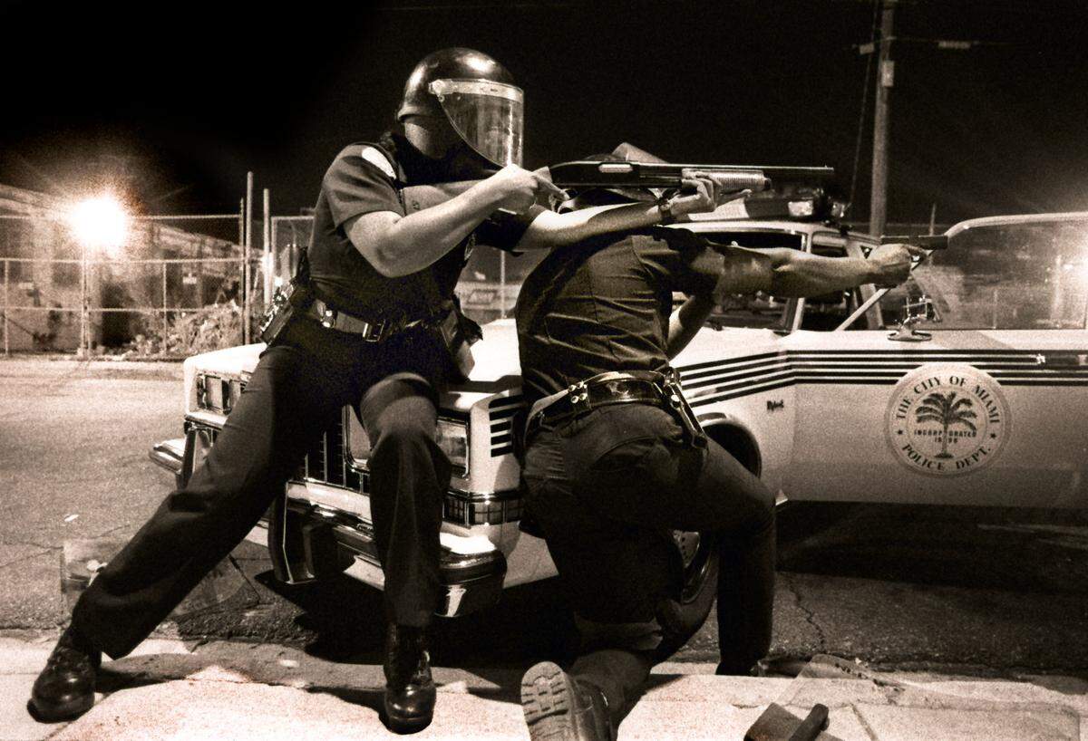 City of Miami police officers in Overtown during the Lorenzo Riot before the Super Bowl in 1989.