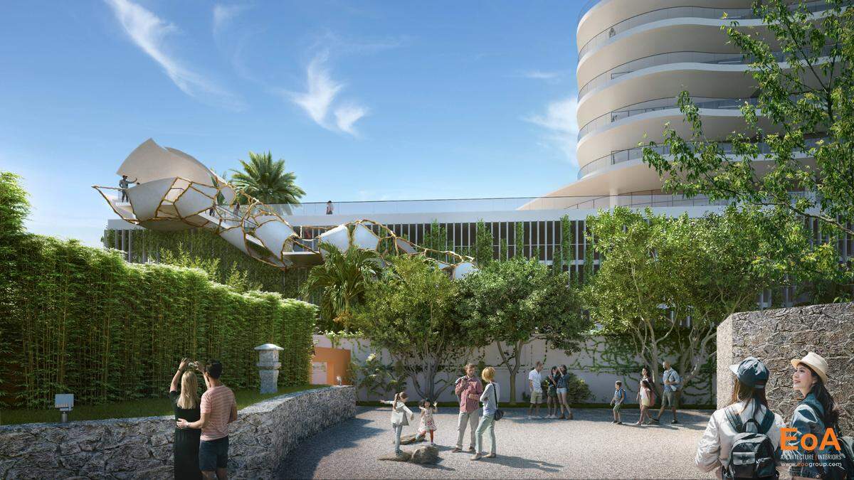 An architectural rendering shows a conceptual design for a planned hotel, in the background, at the Jungle Island attraction on Watson Island, with a revamped Ichimura Miami Japanese Garden in the foreground. The attraction’s owners would pay for the improvements at the public garden, which is managed independently by a nonprofit. A new stairway based on the Japanese art of kintsugi, or putting pieces of broken pottery back together with gold, would connect the hotel and garden. The hotel design is not final..