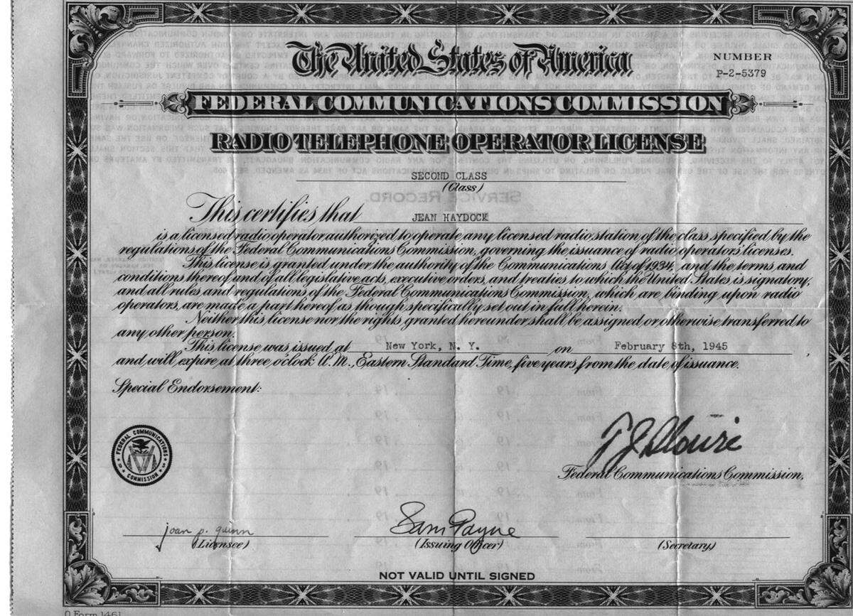 Jean Haydock’s radio telephone operator’s licence, issued in February 1945, so that she could serve on a U.S. merchant ship during World War II.
