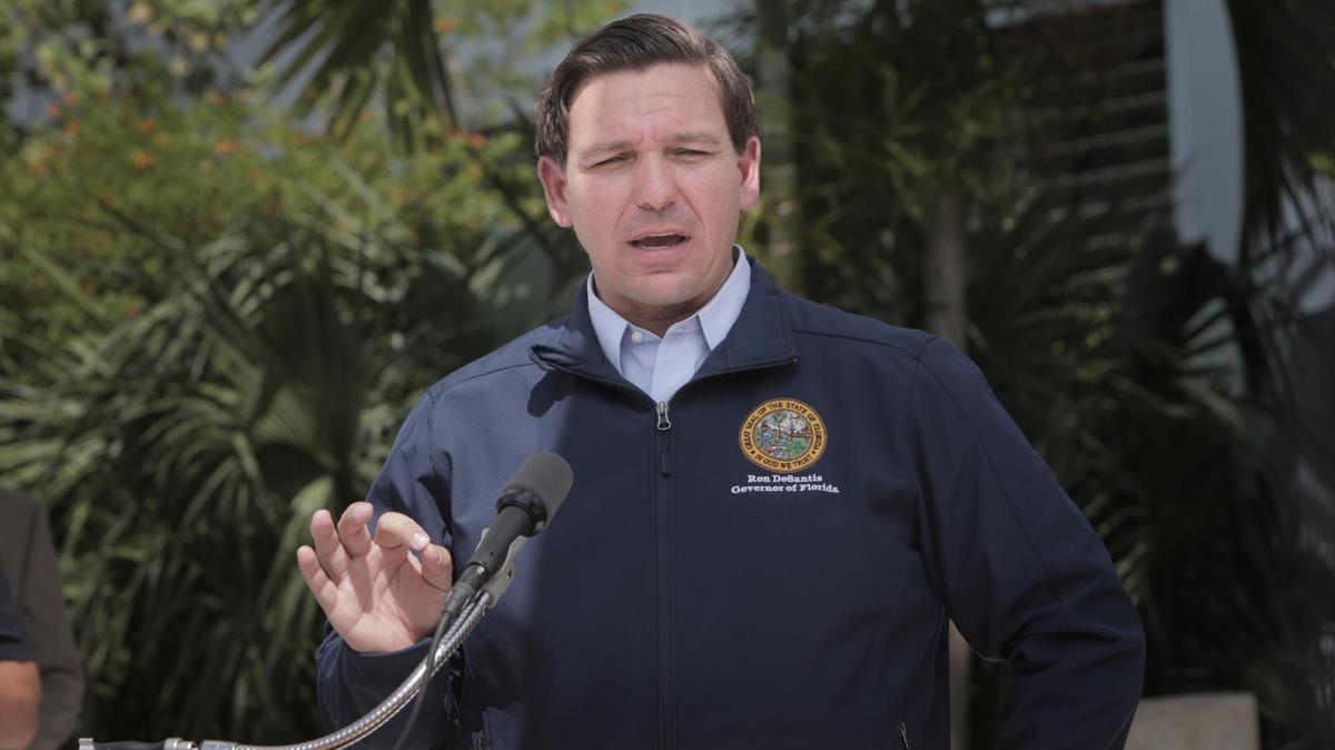 Florida Gov. Ron DeSantis speaks to the media outside the National Hurricane Center during a news conference about the status of Hurricane Dorian on Thursday, Aug. 29, 2019, in Miami.
