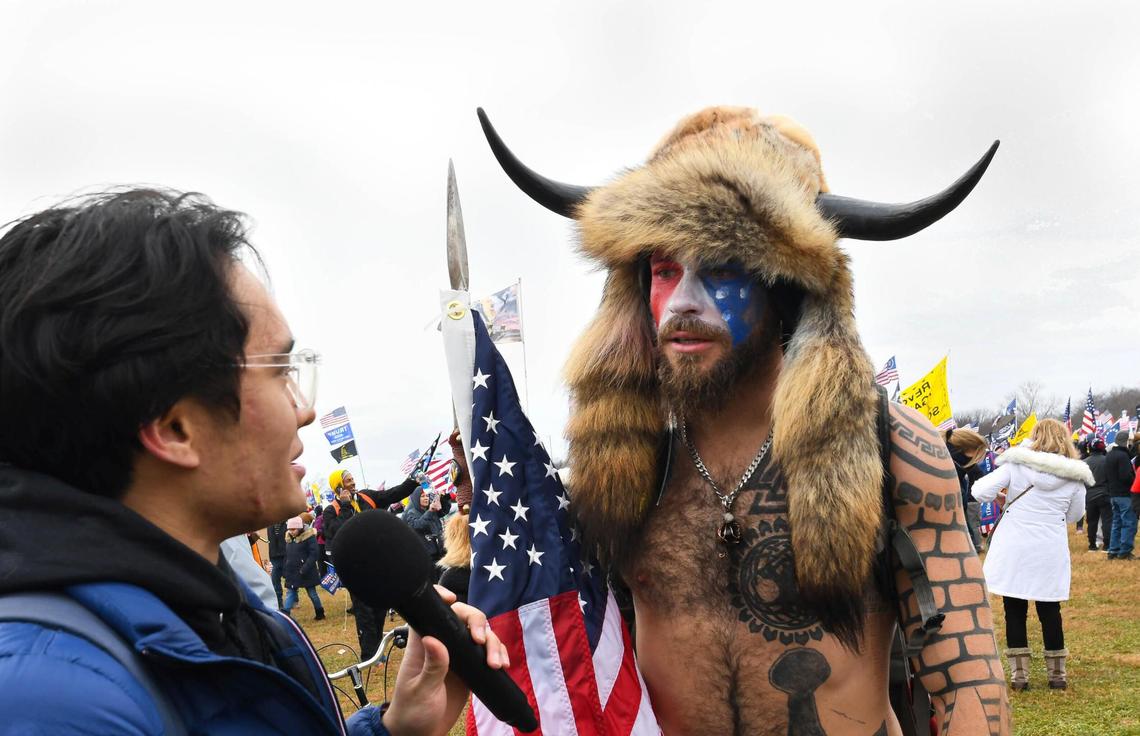 A Jan. 6 protester expresses his views while wearing traditional patriotic lunatic attire.