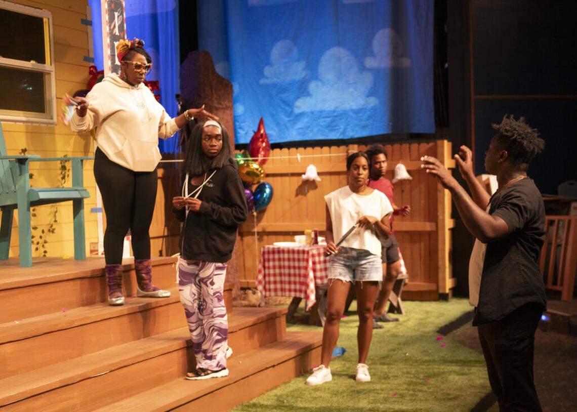 In rehearsal at GableStage are Toddra Brunson, Cassidy Joseph, Dina Lewis, Henry Cadet, and director TM Pride.