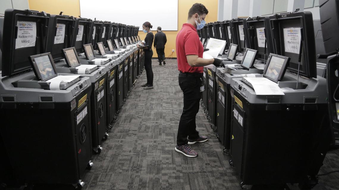 Workers feed ballots to machines during a logic and accuracy testing of ballot counting equipment at the Voter Equipment Center in Lauderhill on Sept. 24, 2020. The Broward County Supervisor of Elections began mailing Vote-By-Mail ballots Sept. 24, following logic and accuracy testing of ballot counting equipment.