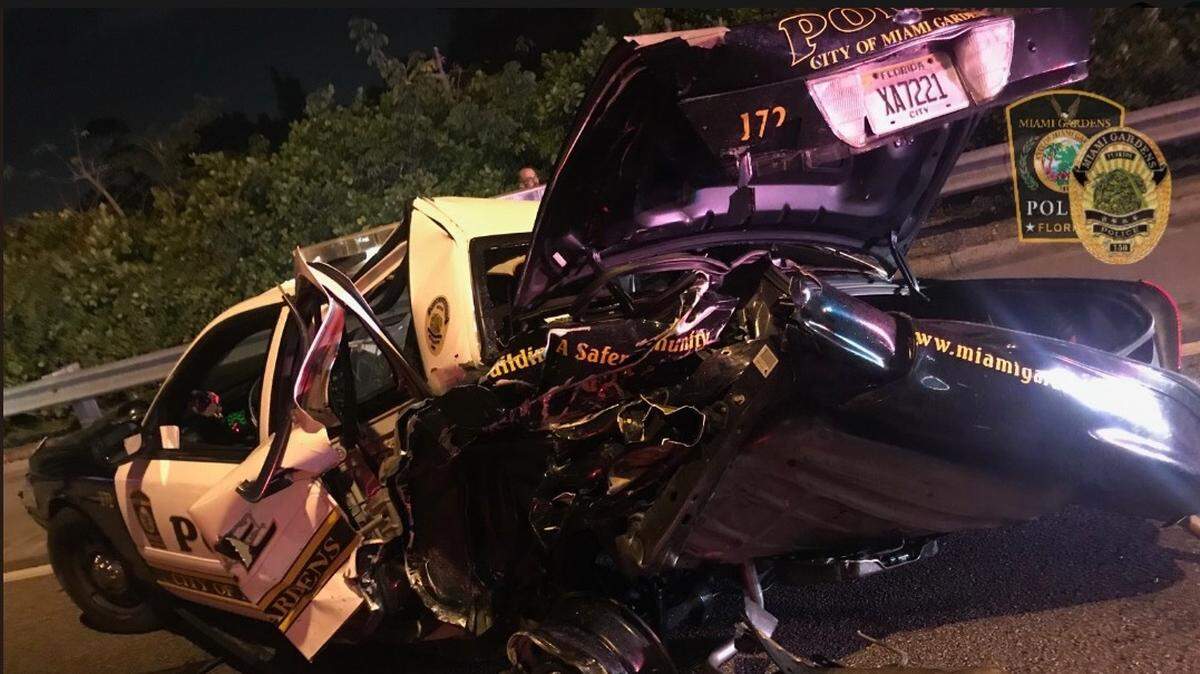 The remains of Miami Gardens police officer Victor Velez’s patrol car on Dec. 29, 2018. Police say he was rear-ended by a drunk driver on the Palmetto Expressway after 3 a.m. Saturday morning.