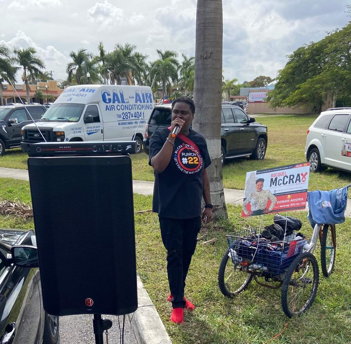 Cheryl Walker speaks in support of Rocquel McCray while standing in a field across from Florida City City Hall Tuesday, Feb. 15, 2022.