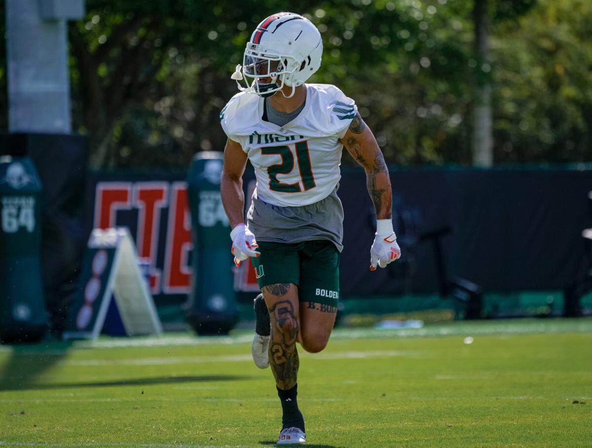 Miami Hurricanes safety Bubba Bolden is shown on Monday, March 15, 2021, the first day of spring practice.