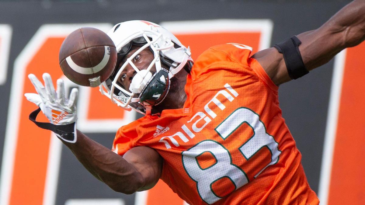 Miami Hurricanes wide receiver Michael Redding III (83) on a one handed catch during practice drills at Greentree Practice Field at the University of Miami in Coral Gables on Friday, August 5, 2022.
