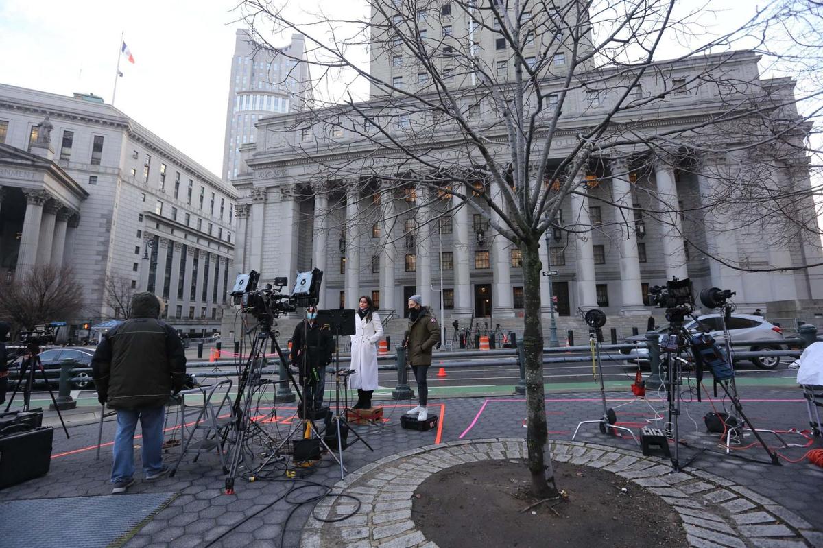 The scene outside the Manhattan courthouse on Wednesday, Dec. 22, 2021, as jurors continued to deliberate. They later paused until after the Christmas holiday.