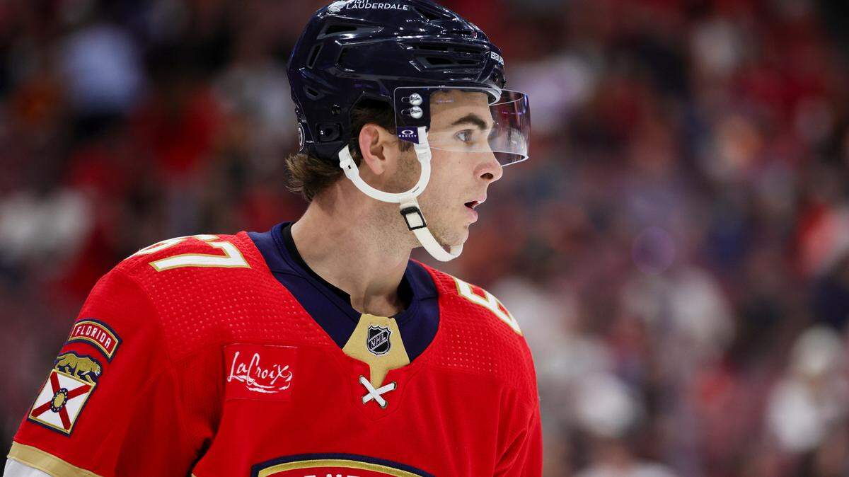 Jan 15, 2024; Sunrise, Florida, USA; Florida Panthers right wing William Lockwood (67) looks on during the first period against the Anaheim Ducks at Amerant Bank Arena. Mandatory Credit: Sam Navarro-USA TODAY Sports