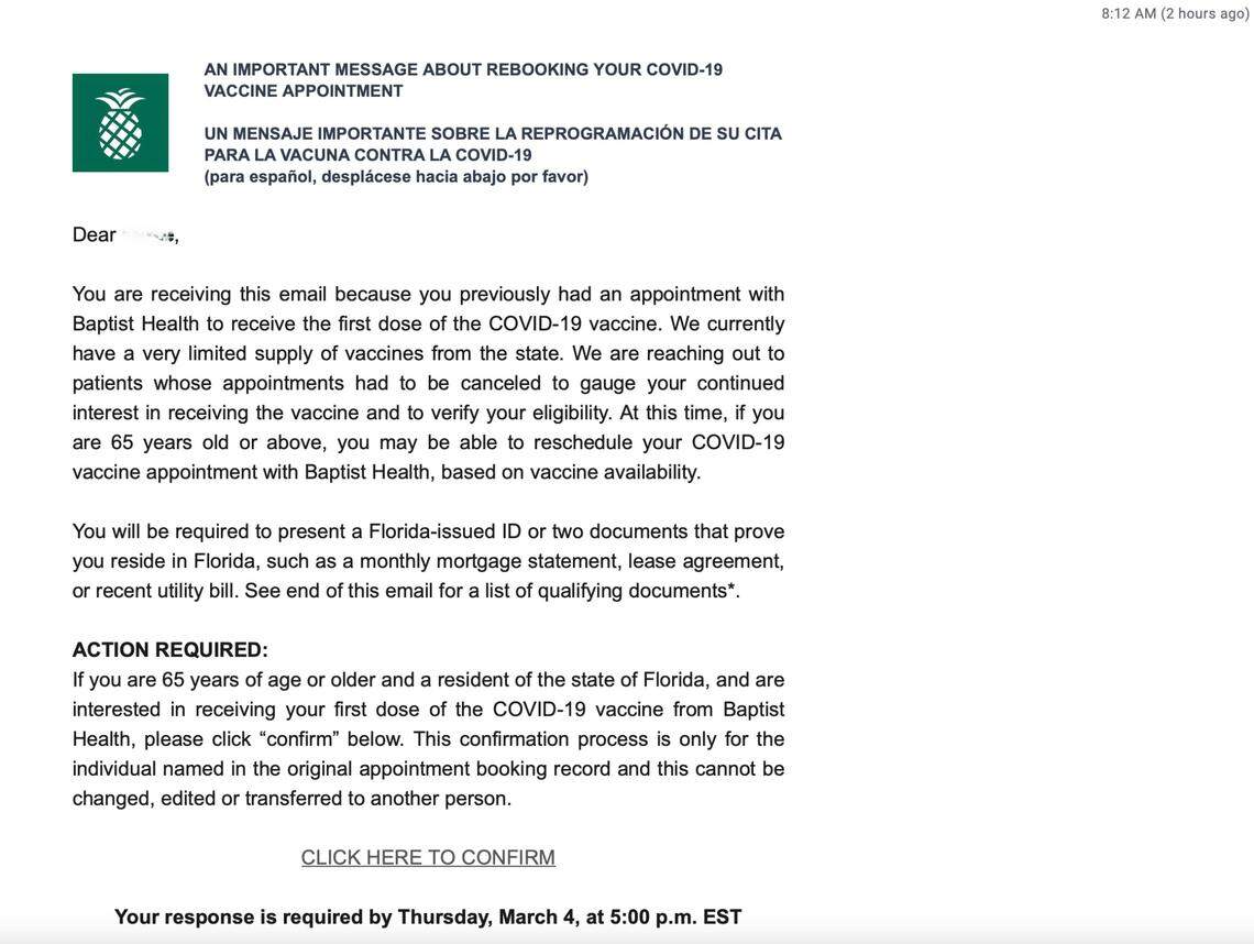 Baptist Health South Florida sent this email on Wednesday morning, Feb. 3, 2021, to patients who had previously scheduled an appointment for a COVID vaccination in January but whose first dose appointments were canceled.
