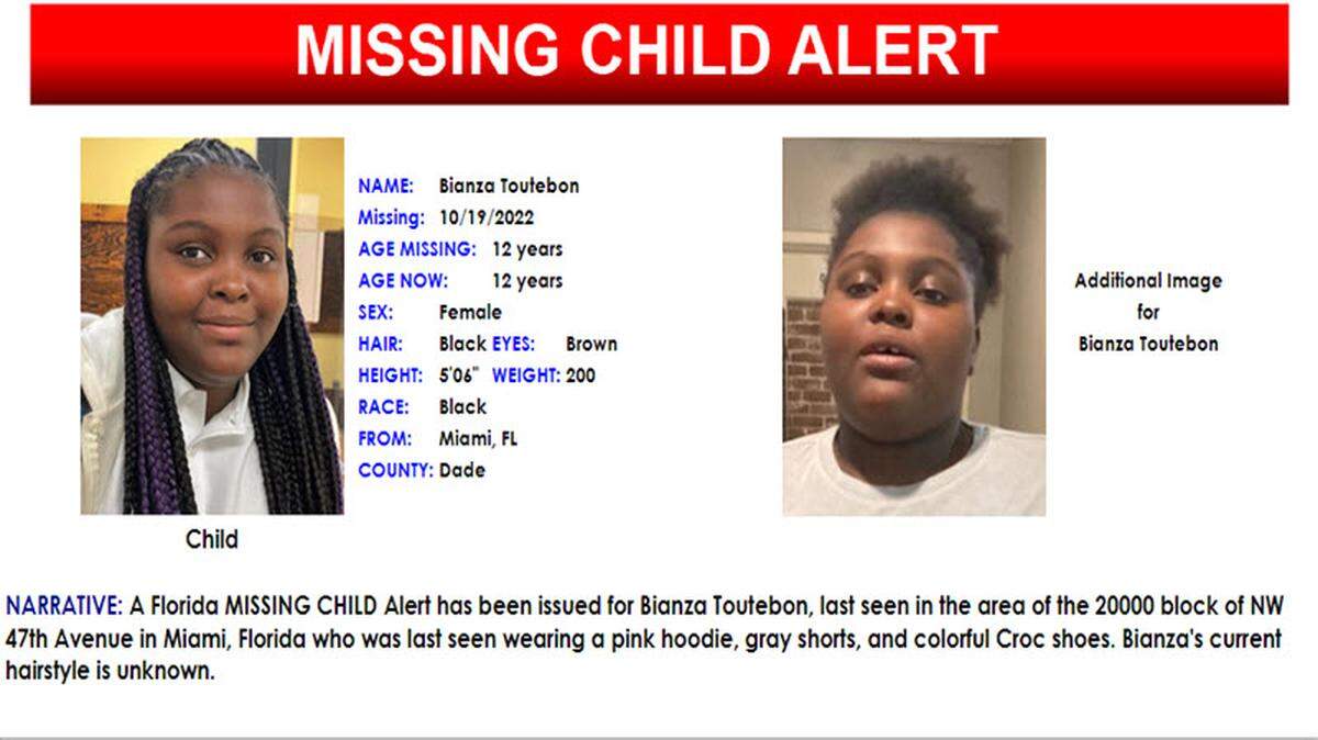 Bianza Toutebon, 12, was last seen in the 20000 block of NW 47th Ave. just outside Miami Gardens wearing a pink hoodie, gray shorts, and colorful Croc shoes, Florida Department of Law Enforcement said Monday in a missing child alert.