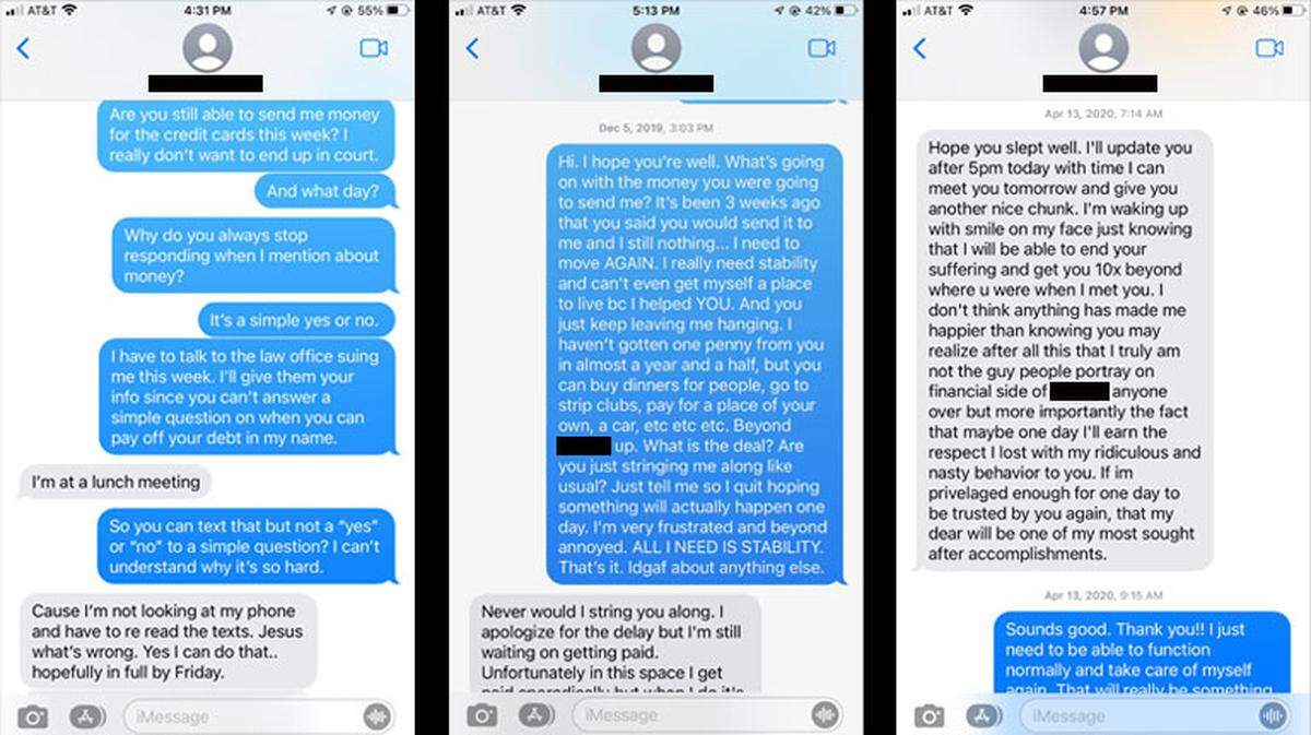 In texts from spring 2020, Rachel Ehrenreich is still asking Coriaty for the money she and her parents are owed and Coriaty continues to apologize. Ehrenreich’s texts are in blue.