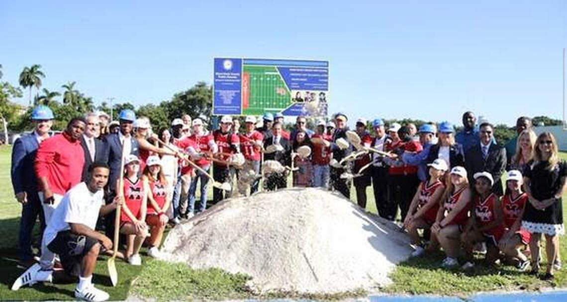 Miami-Dade County Schools Superintendent Alberto Carvalho, center, is pictured above with representatives from the school board, Miami Super Bowl Host Committee, the Miami Dolphins, City of Miami Beach and Miami Beach High School’s students and alumni after breaking ground on the school’s new turf football field. The field is scheduled to be completed ahead of the 54th Super Bowl, which takes place on Feb. 2, 2020.