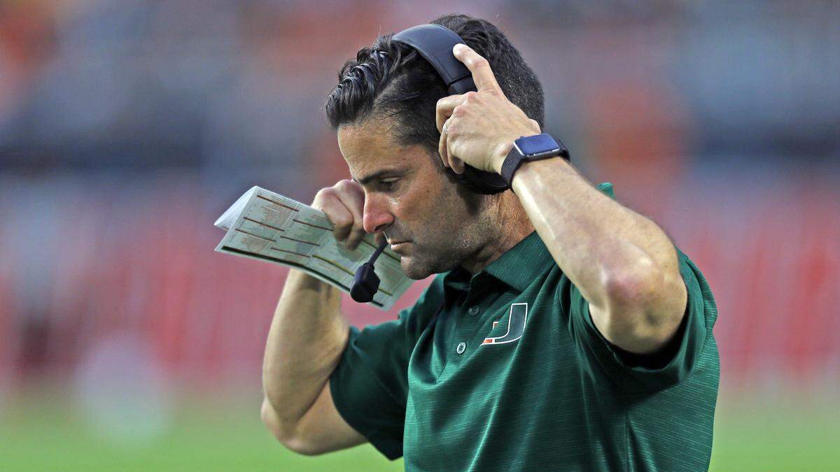 Miami Hurricanes head coach Manny Diaz shown during a timeout of UM’s game against Central Michigan at Hard Rock Stadium in Miami Gardens on Saturday, September 21, 2019.