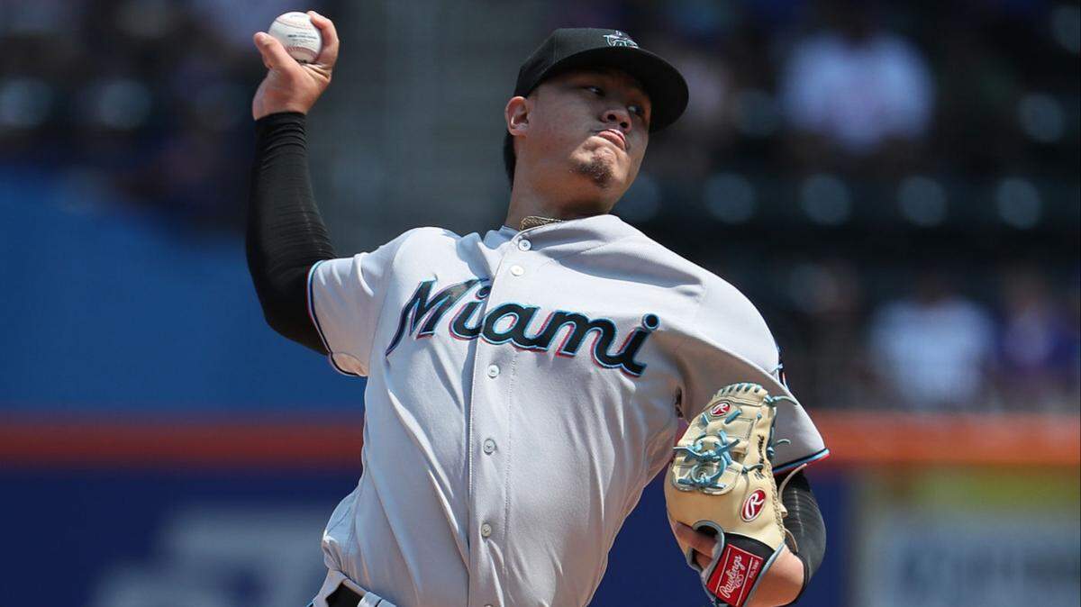 The Miami Marlins’ Jordan Yamamoto pitches against the New York Mets at Citi Field on Wednesday, Aug. 7, 2019.