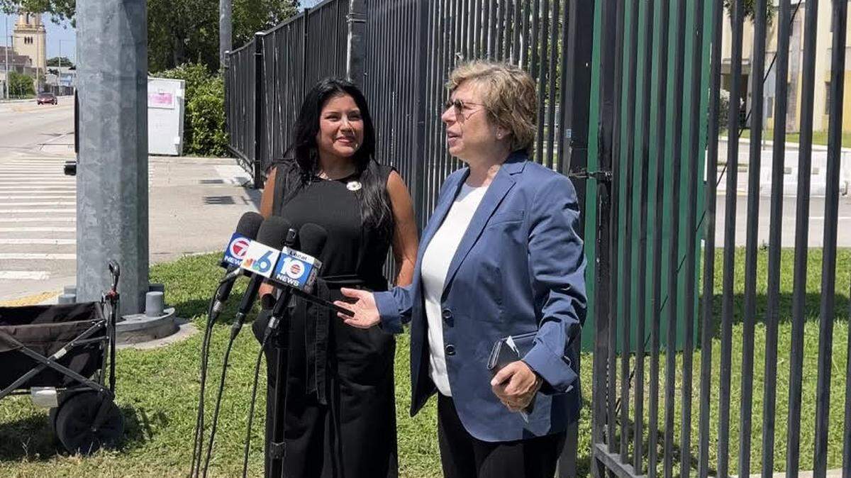 Randi Weingarten, right, president of the American Federation of Teachers, holds a press conference with Karla Hernandez-Mats, the president of United Teachers of Dade, outside of Miami Jackson Senior High, 1751 NW 36th St,. Thursday, Aug. 24, 2023.