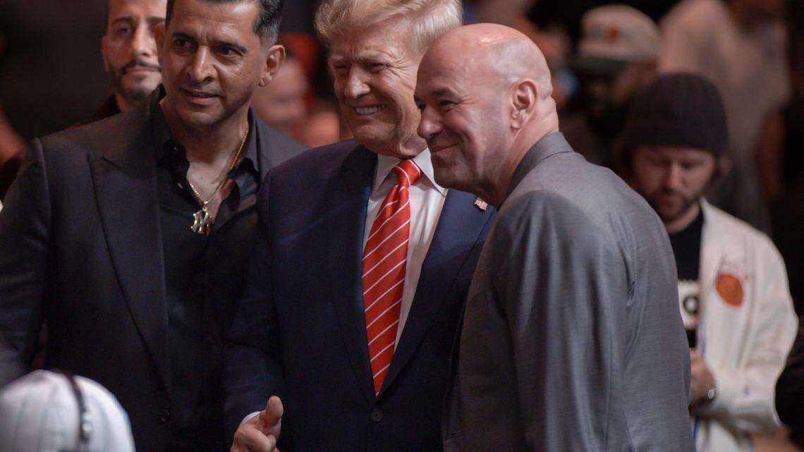 Former President Donald Trump interacts with UFC President Dana White at the UFC 299 event at the Kaseya Center on Saturday, March 9, 2024, in downtown Miami, Fla.