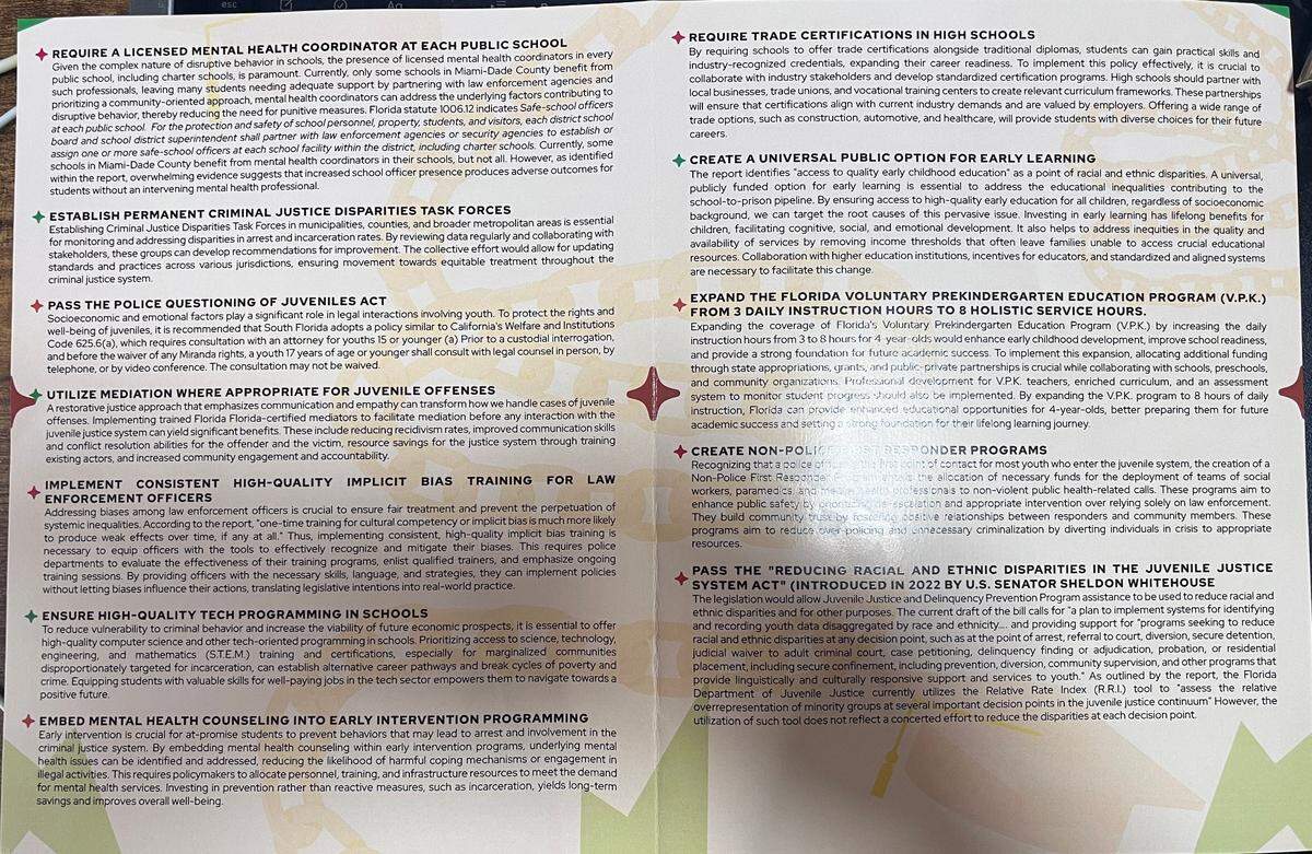 The Miami-Dade Economic Advocacy Trust handed out this pamphlet to more than 100 attendees at its “School-to-Prison Pipeline Symposium” where the disparities in youth arrests were the main point of discussion. Between 2010-2022, Black children account for nearly 60% of youth arrests despite representing roughly 18% of the population, according to the University of Miami’s study commissioned by MDEAT.