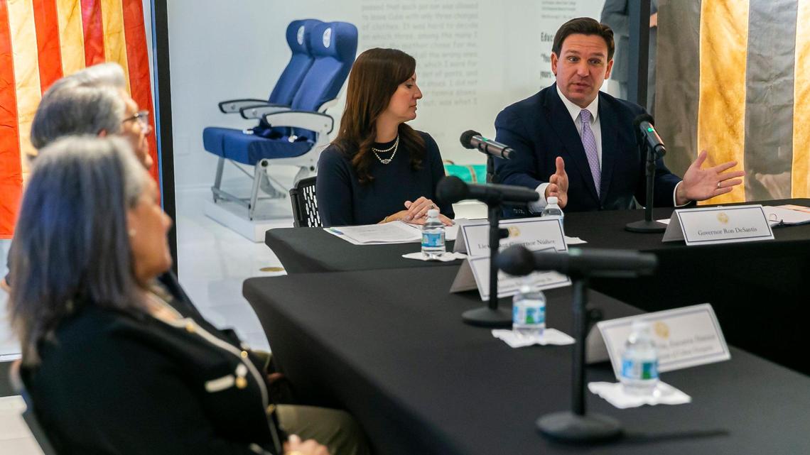 Gov. DeSantis, far right, and Lt. Gov. Jeanette Nuñez, attend a roundtable discussion on immigration at the American Museum of the Cuban Diaspora in Miami.