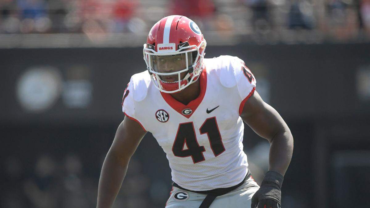 Georgia linebacker Channing Tindall (41) plays against Vanderbilt during an NCAA college football game on Saturday, Sept. 25, 2021, in Nashville, Tenn. (AP Photo/John Amis)