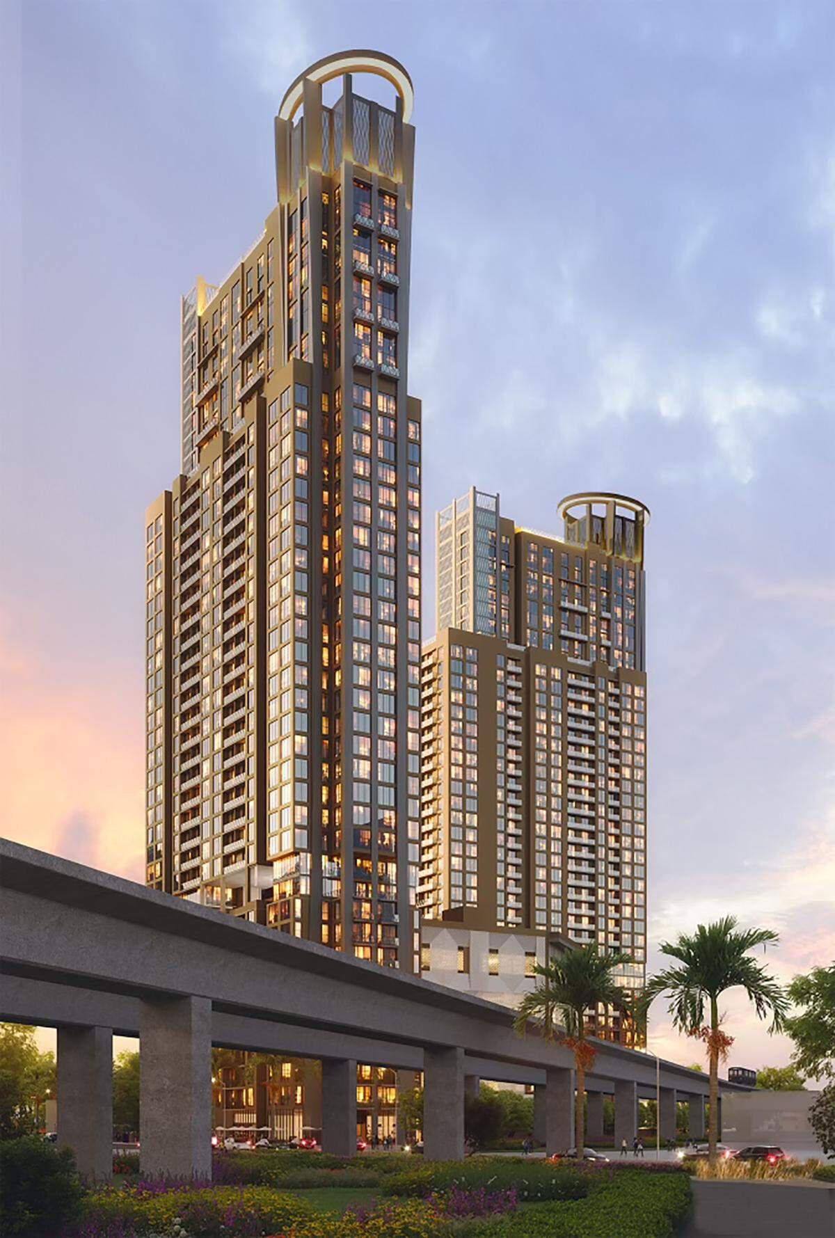 An architectural rendering shows the planned Shoma One commercial and residential project near the intersection of U.S. 1 and Bird Road and the Douglas Road Metrorail Station. The project includes two 40-story apartment towers topped by ‘halos’ that will be illuminated after dark.
