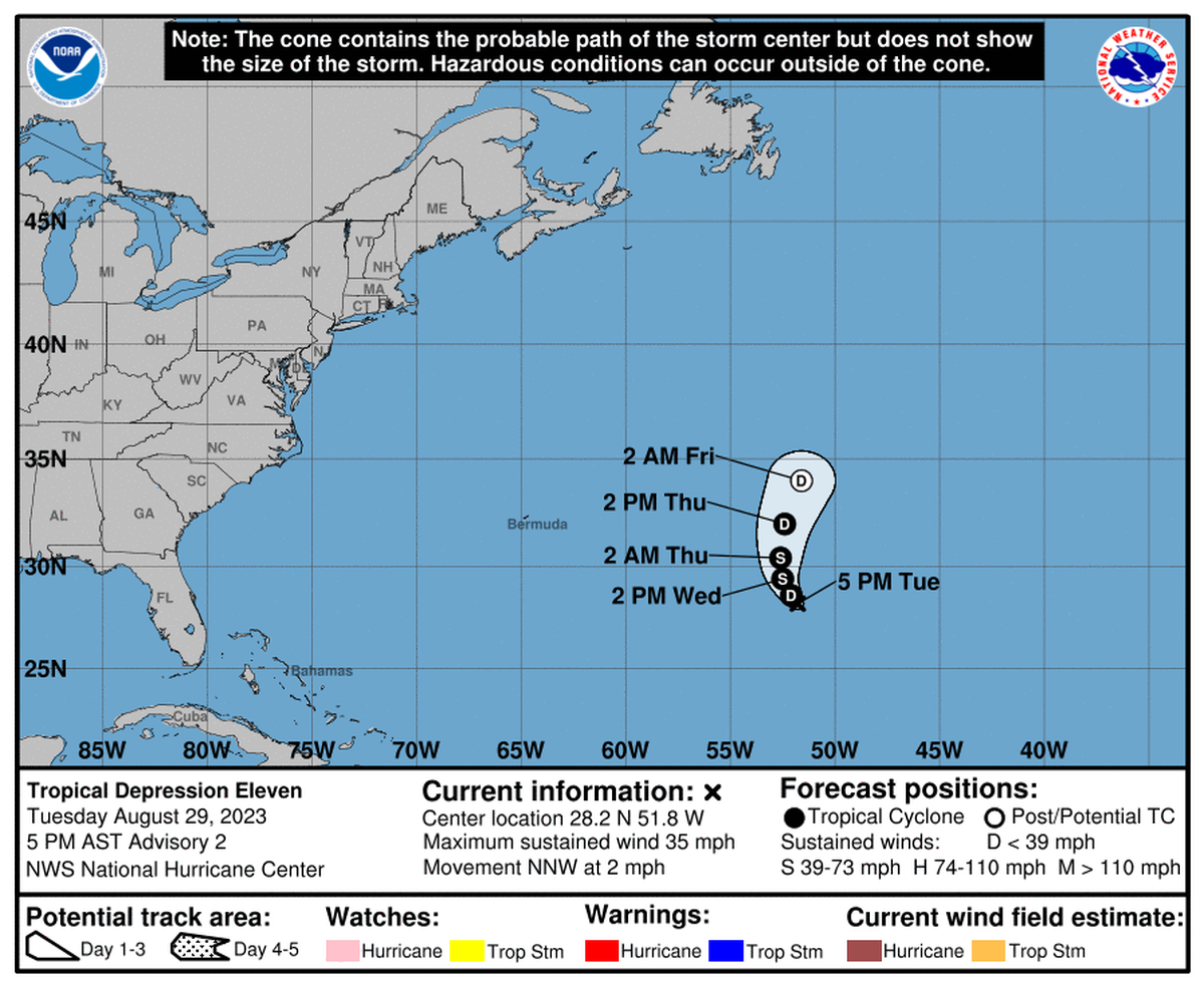 The forecast track of Tropical Depression 11 as of 5 p.m. Aug. 29.