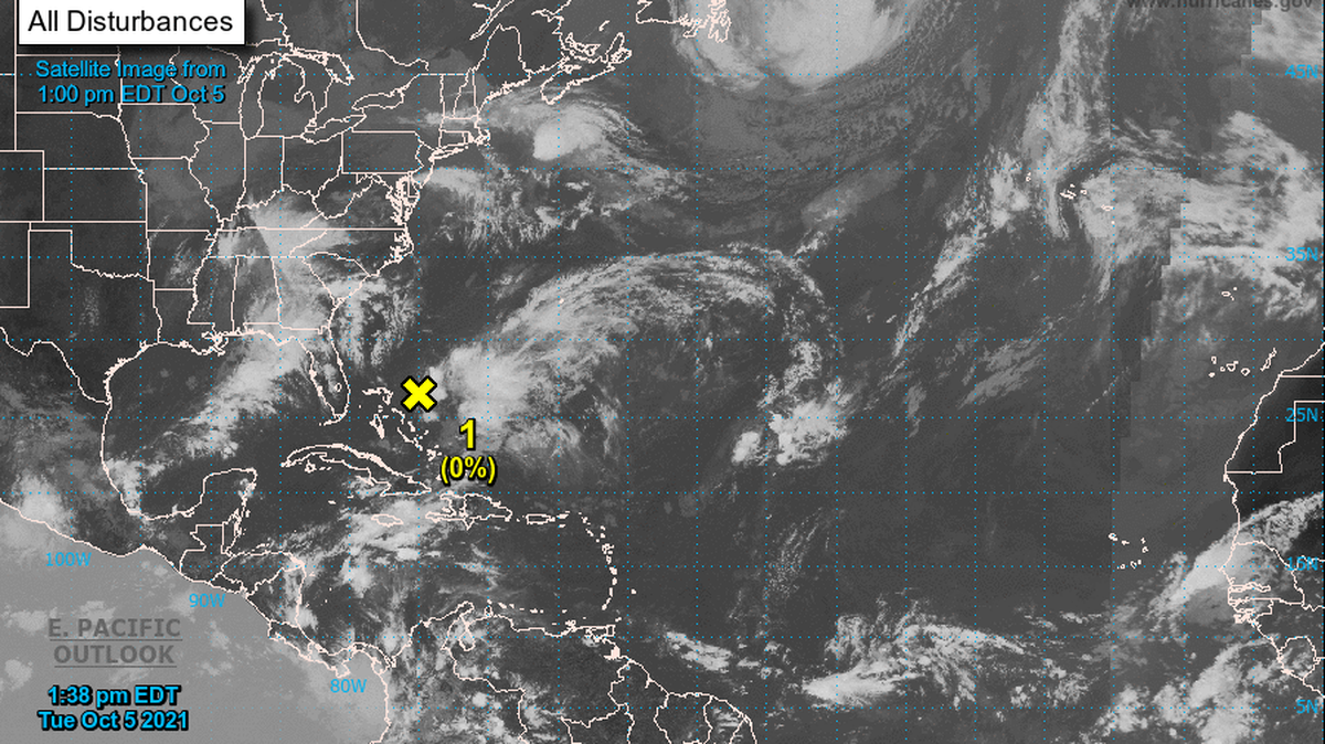 An area of low pressure in the northeastern Caribbean that is being eyed by the National Hurricane Center could bring wet weather to Florida by the weekend of Oct. 9-10, 2021. This was the area’s position at 2 p.m. Oct. 5.