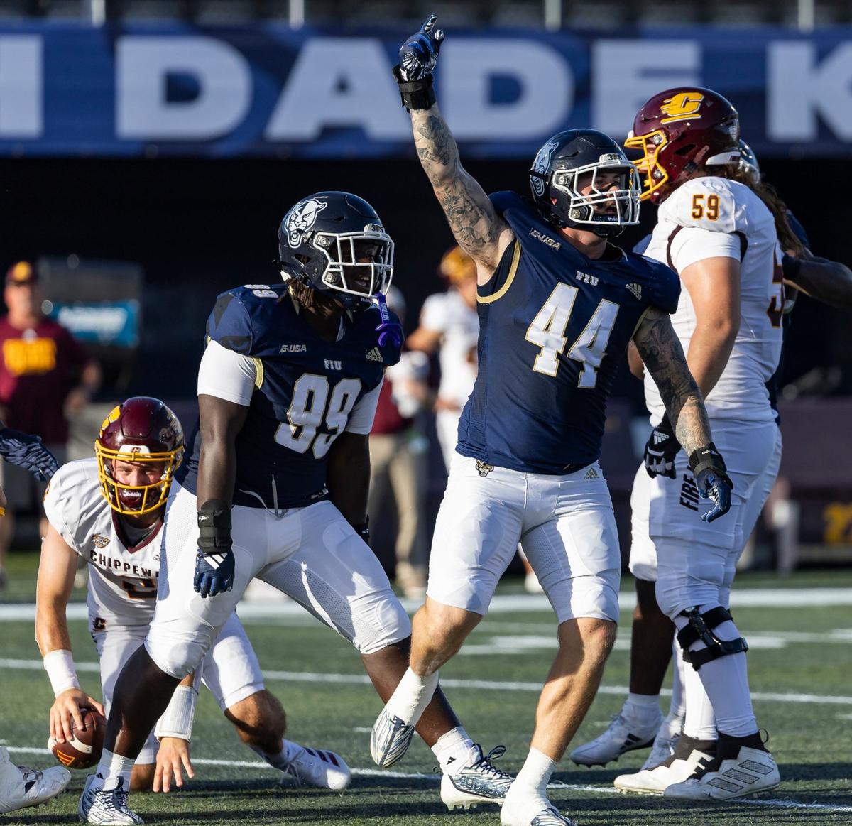 FIU Panthers defensive lineman Keegan Davis (44) reacts after sacking Central Michigan Chippewas quarterback Joe Labas (2) in the first quarter of their NCAA DI football game at Pitbull Stadium on Saturday, Sept. 7, 2024, in Miami, Fla.