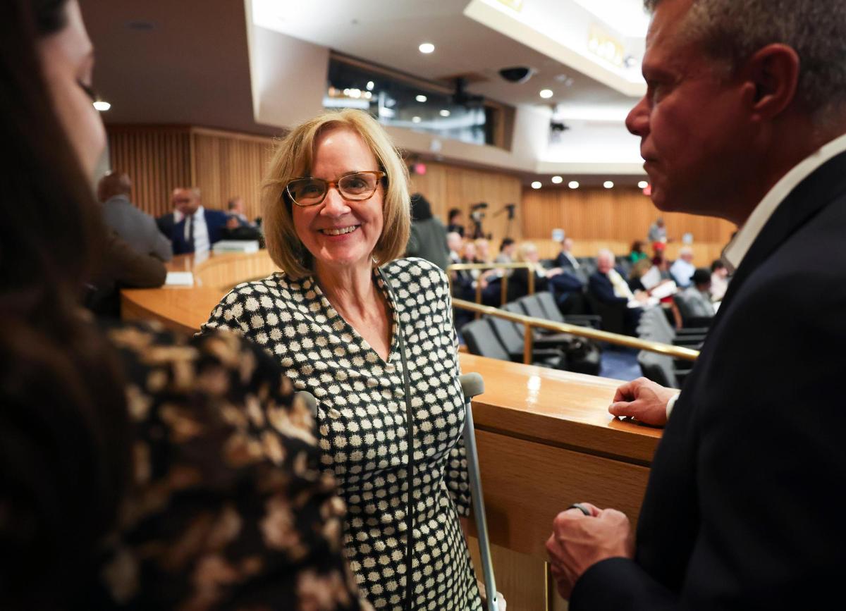 Commissioner Eileen Higgins speaks to staff during the Miami-Dade County Commission meeting on Tuesday, April 1, 2025, at the Stephen P. Clark Government Center in downtown Miami. She was one of two votes against legislation to end the addition of fluoride in county drinking water.