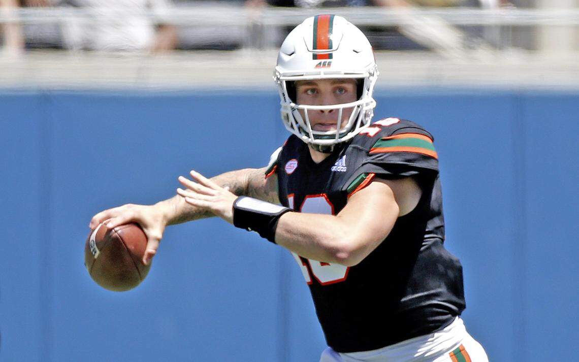 Miami Hurricanes quarterback Tate Martell (18) looks to pass during the Miami Hurricanes spring game at Camping World Stadium in Orlando on Saturday, April 20, 2019.
