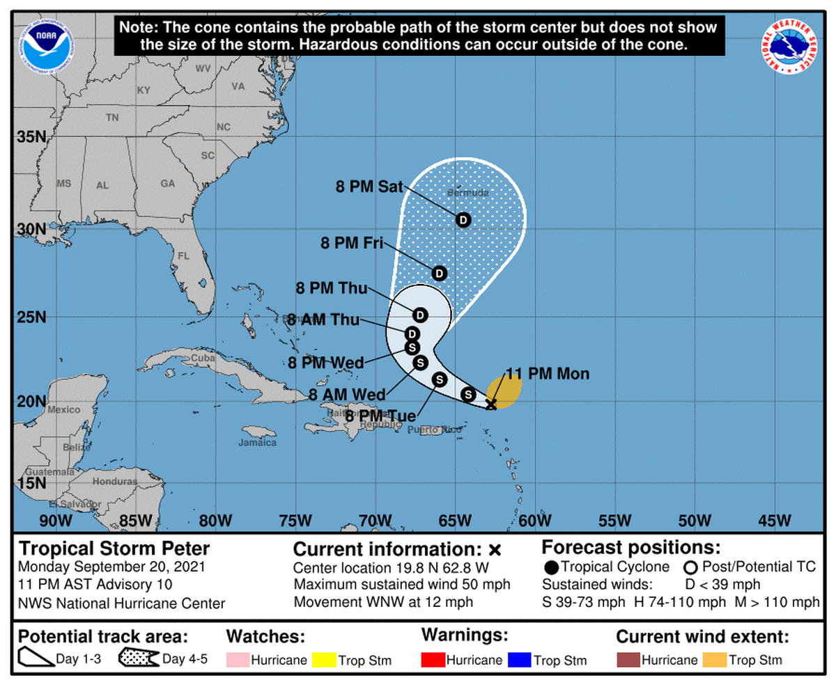 Peter was moving toward the west-northwest near 12 mph with maximum sustained winds near 50 mph with higher gusts.