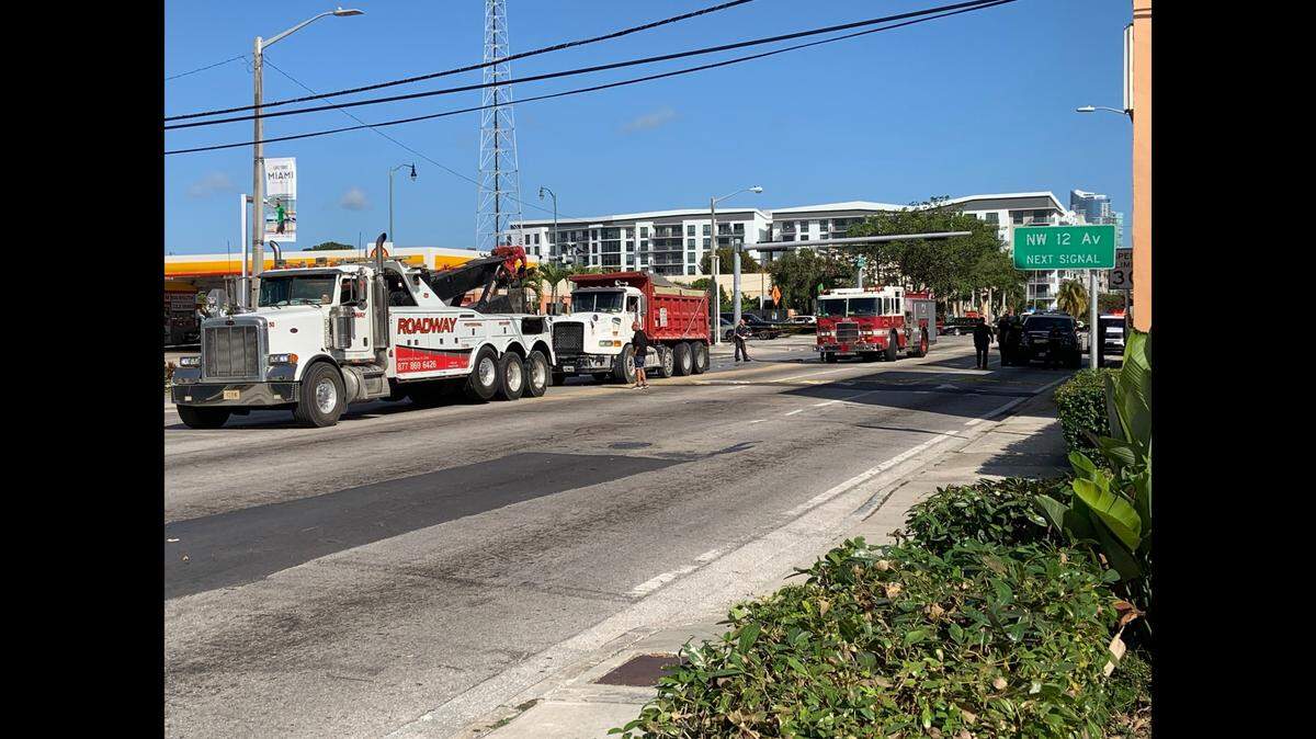 The dump truck that fatally struck a pedestrian near the intersection of Northwest Seventh Street and 12th Avenue in Little Havana Monday, Jan. 30.
