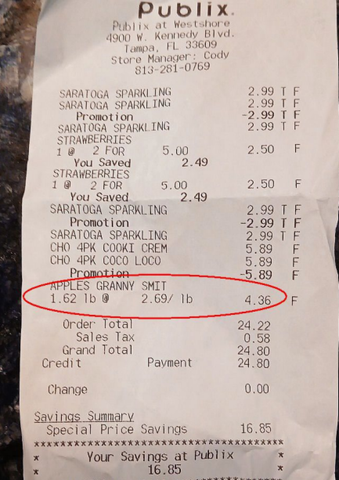 A receipt from the Publix at 4900 W. Kennedy Blvd. in Tampa that Wendy Koutouzis’ lawsuit claims shows she was charged the regular price, $2.69 per pound, for apples marked as still being on sale for $1.99 per pound.