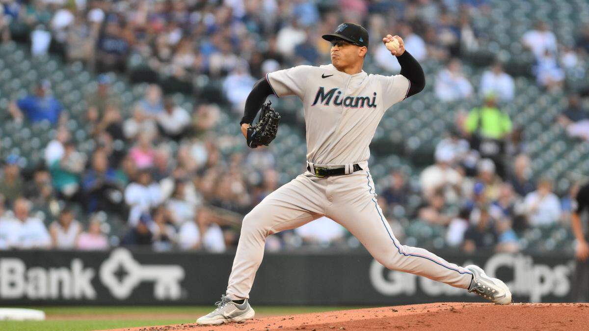 Jun 12, 2023; Seattle, Washington, USA; Miami Marlins starting pitcher Jesus Luzardo (44) pitches to the Seattle Mariners during the first inning at T-Mobile Park. Mandatory Credit: Steven Bisig-USA TODAY Sports